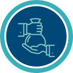Icon von einem t&uuml;rkisen Geldsack in zwei H&auml;nden auf blauem Hintergrund.